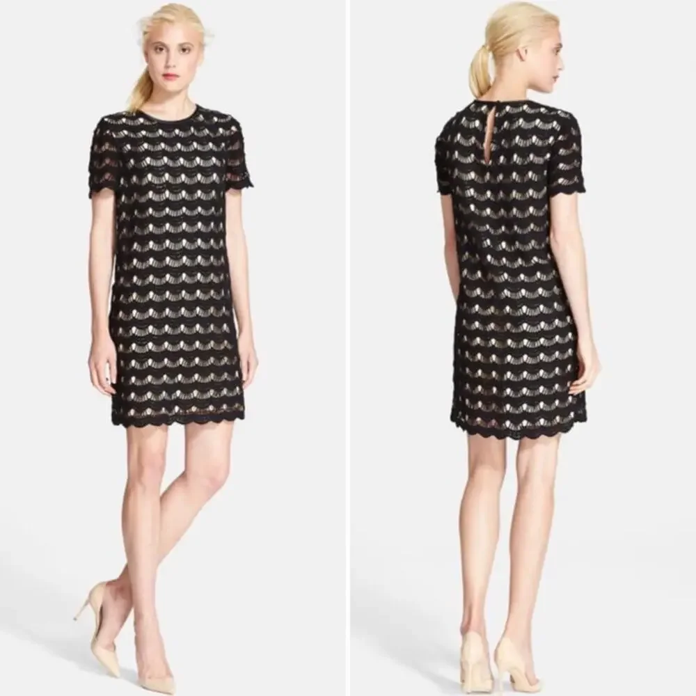 KATE SPADE Virginia Gold & Black Lace Overlay Shift Dress Mini Cocktail Size 6